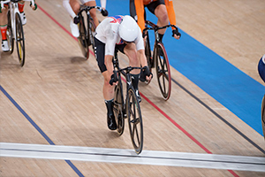 Valente in the final sprint of the Omnium, where she clinched her gold medal. Photo: Casey Gibson